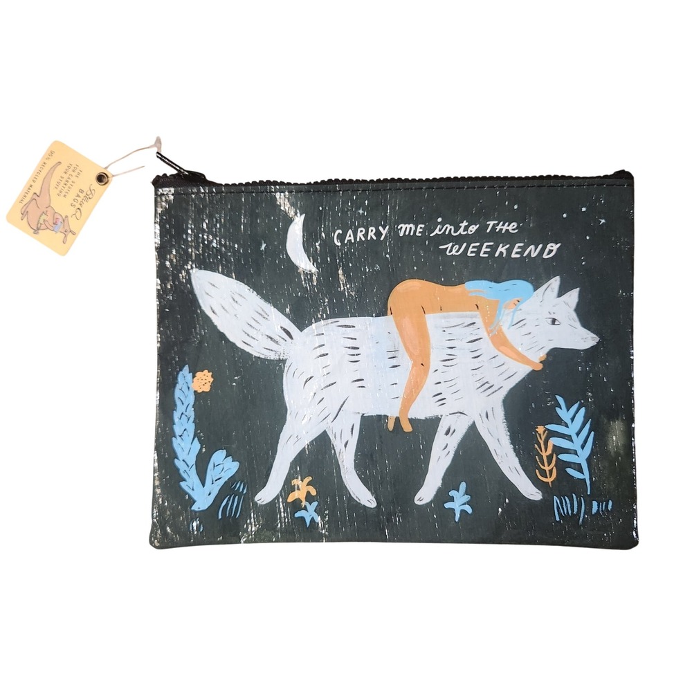 Blue Q Carry Me Into The Weekend Wolf Zipper Pouch Recycled Travel Bag New